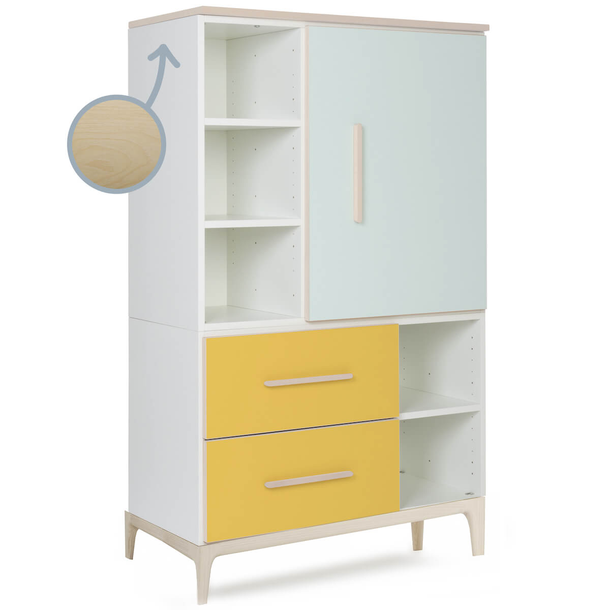 Armario 147 cm 1 puerta 2 cajones NADO Curve acabado fresno mint-sunshine yellow
