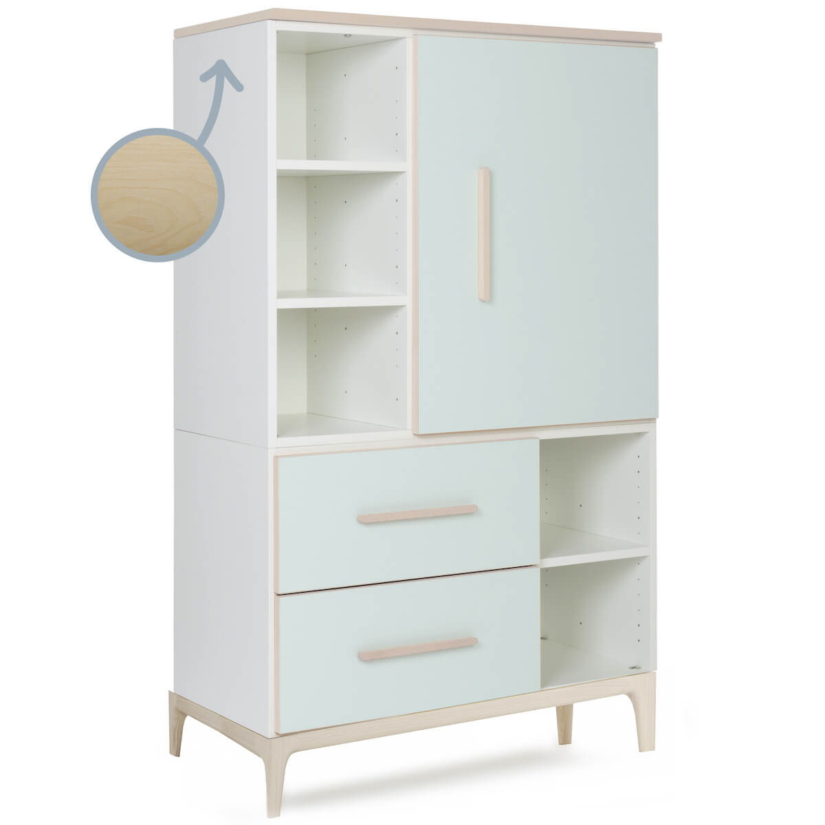Armario 147 cm 1 puerta 2 cajones NADO Curve acabado fresno mint