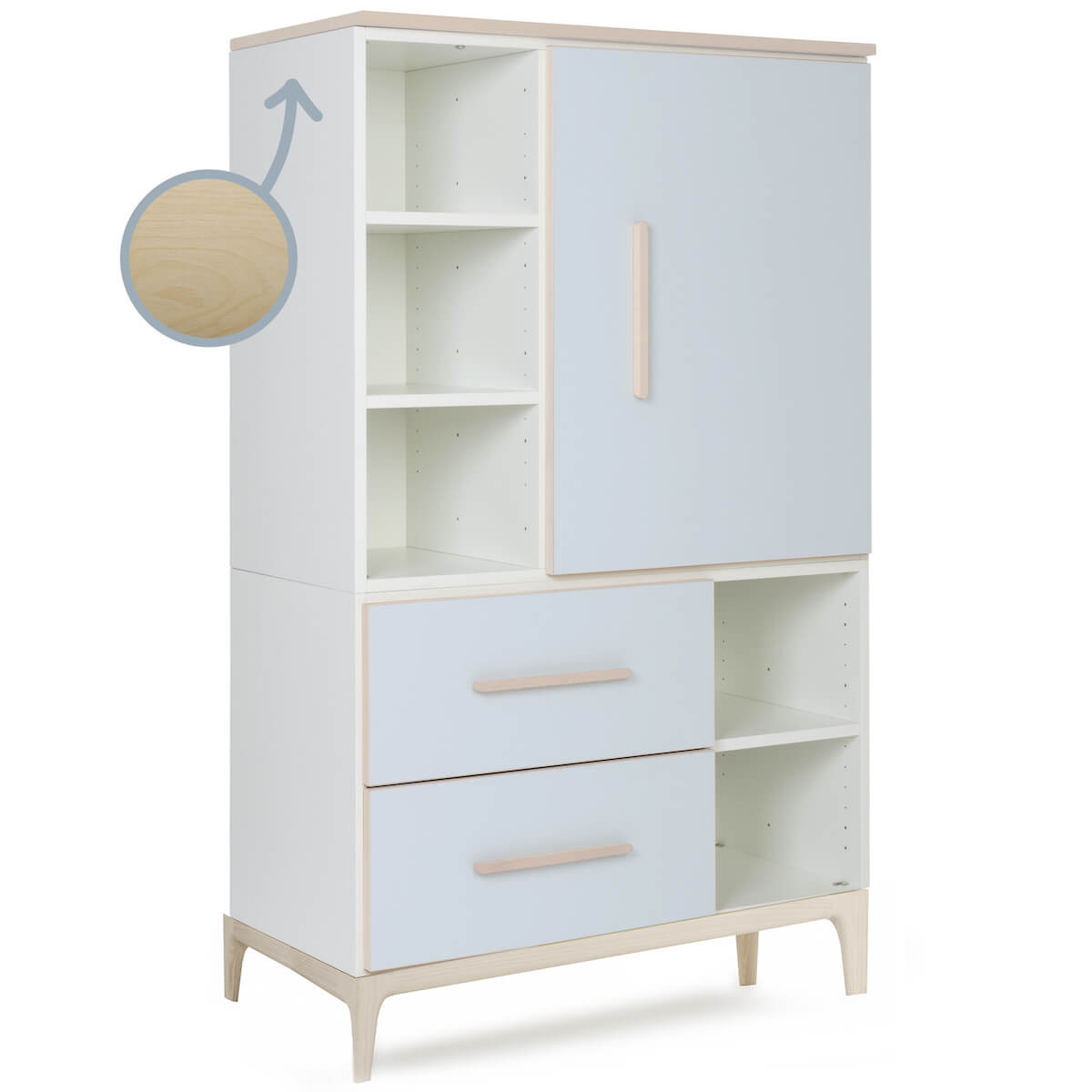 Armario 147 cm 1 puerta 2 cajones NADO Curve acabado fresno sky blue