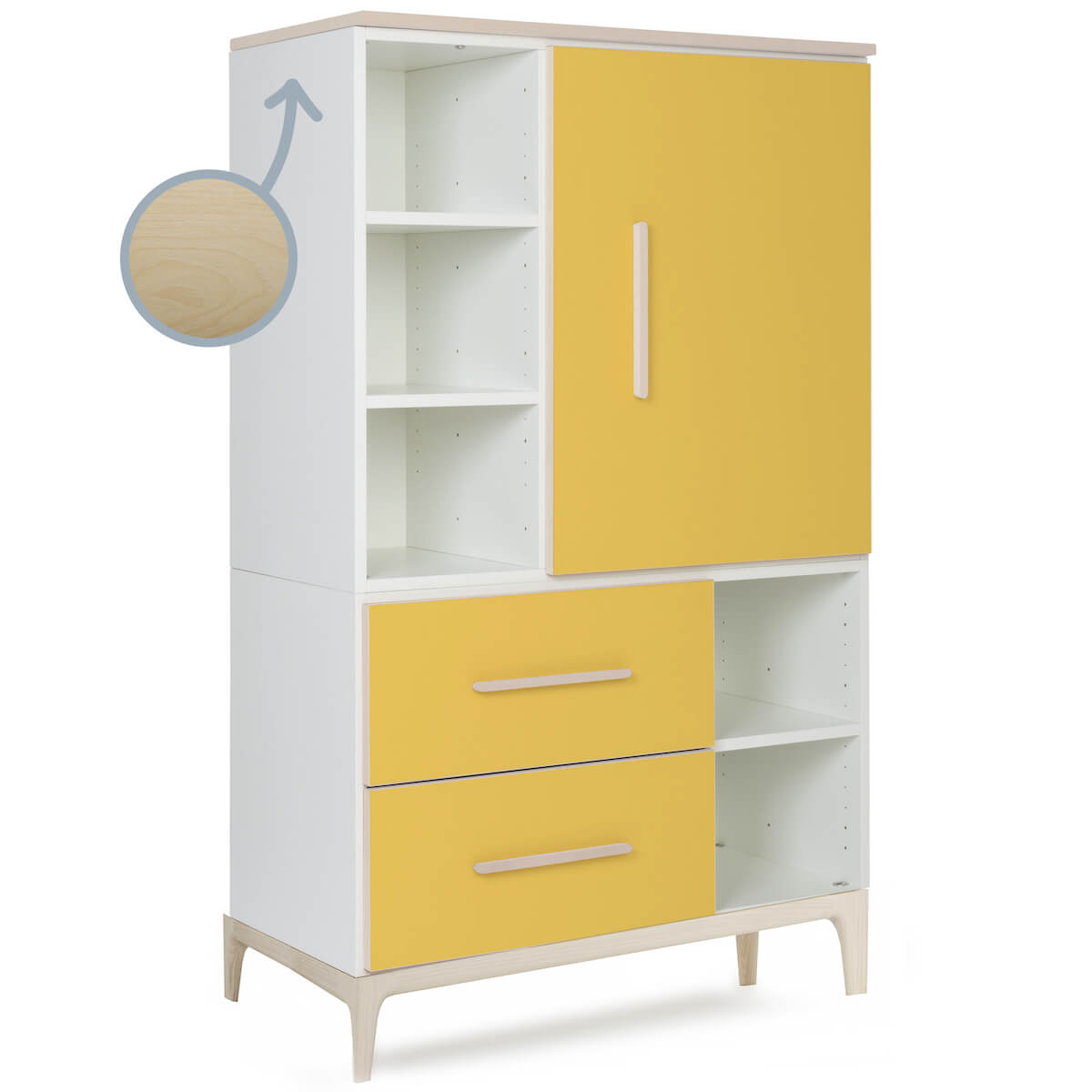 Armario 147 cm 1 puerta 2 cajones NADO Curve acabado fresno sunshine yellow
