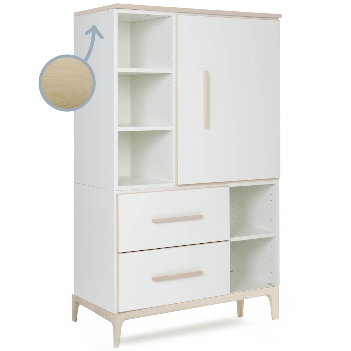 Armario 147 cm 1 puerta 2 cajones NADO Curve acabado fresno white