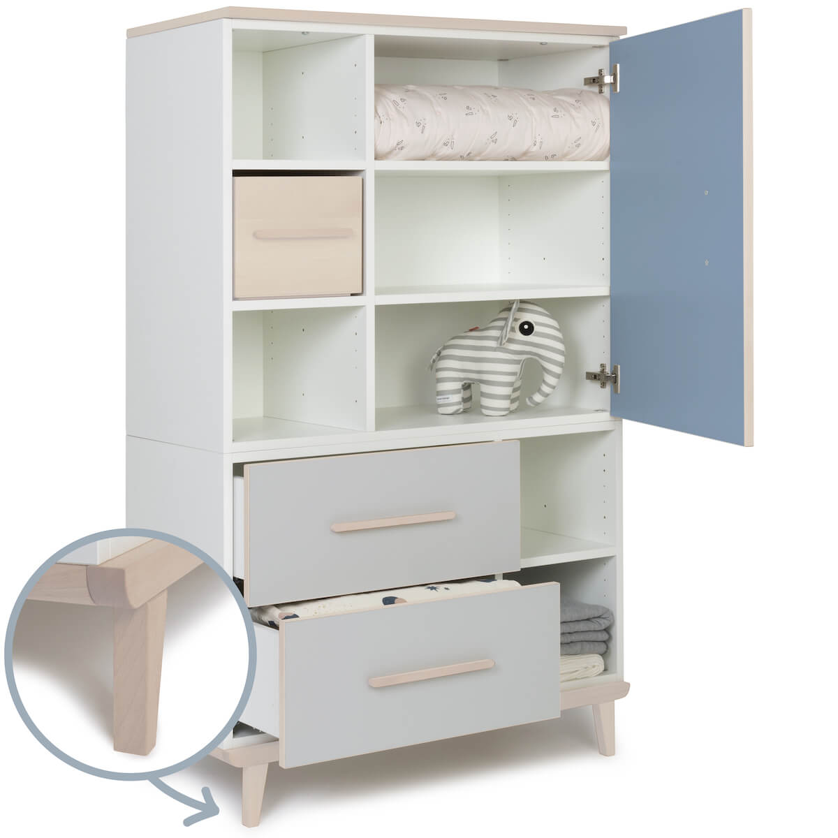 Armario 147 cm 1 puerta 2 cajones NADO Retro acabado fresno capri blue-manhattan grey