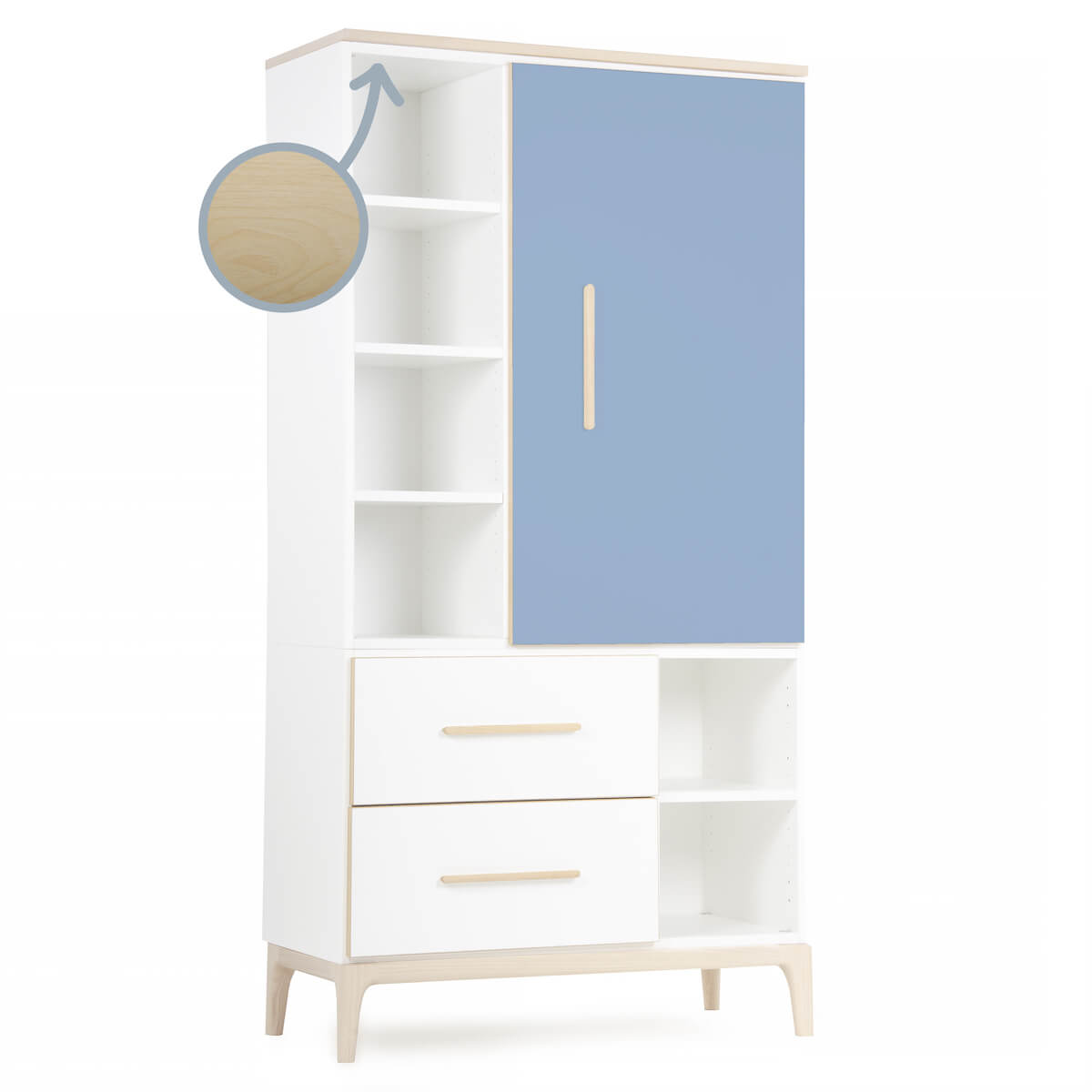 Armario 173 cm 1 puerta 2 cajones NADO Curve acabado fresno capri blue-white