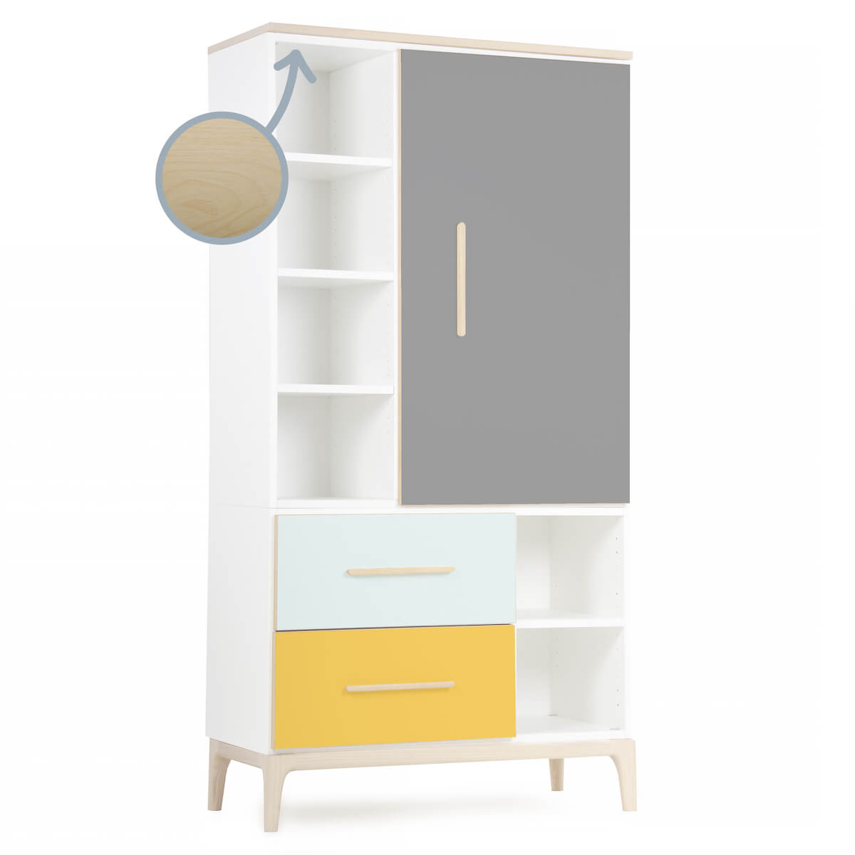 Armario 173 cm 1 puerta 2 cajones NADO Curve acabado fresno slate grey-mint-sunshine yellow