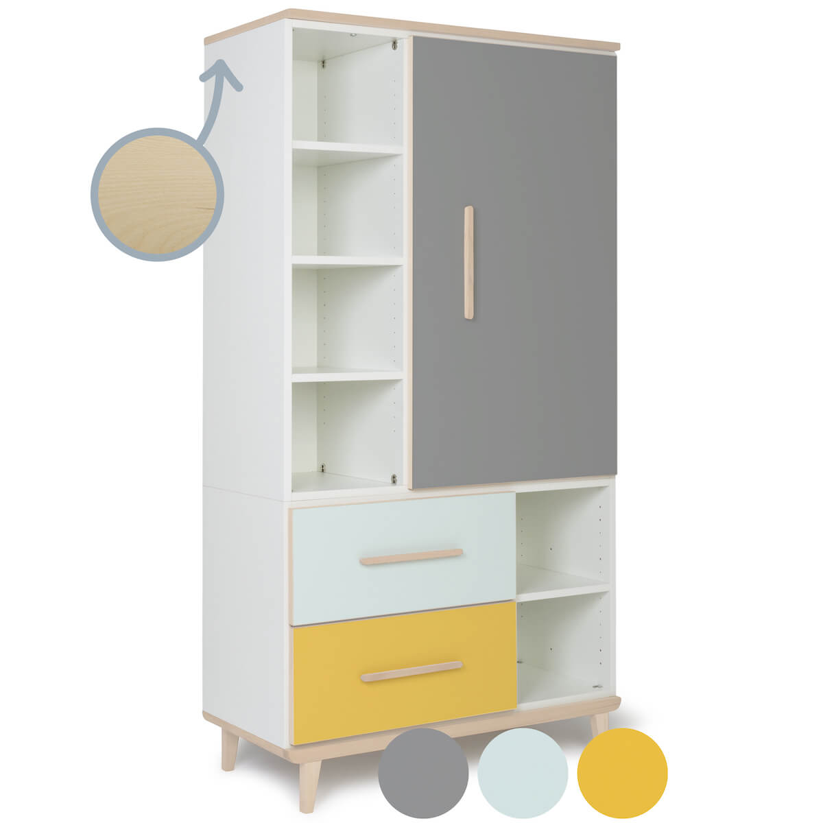 Armario 173 cm 1 puerta 2 cajones NADO Retro acabado fresno slate grey-mint-sunshine yellow