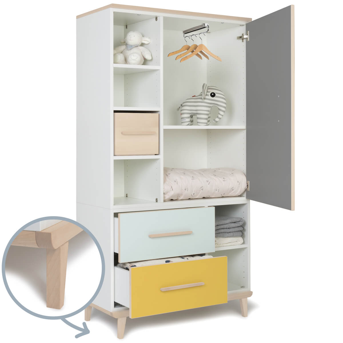 Armario 173 cm 1 puerta 2 cajones NADO Retro acabado fresno slate grey-mint-sunshine yellow