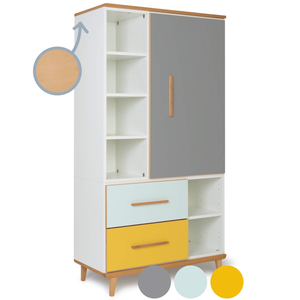 Armario 173 cm 1 puerta 2 cajones NADO Retro acabado haya slate grey-mint-sunshine yellow