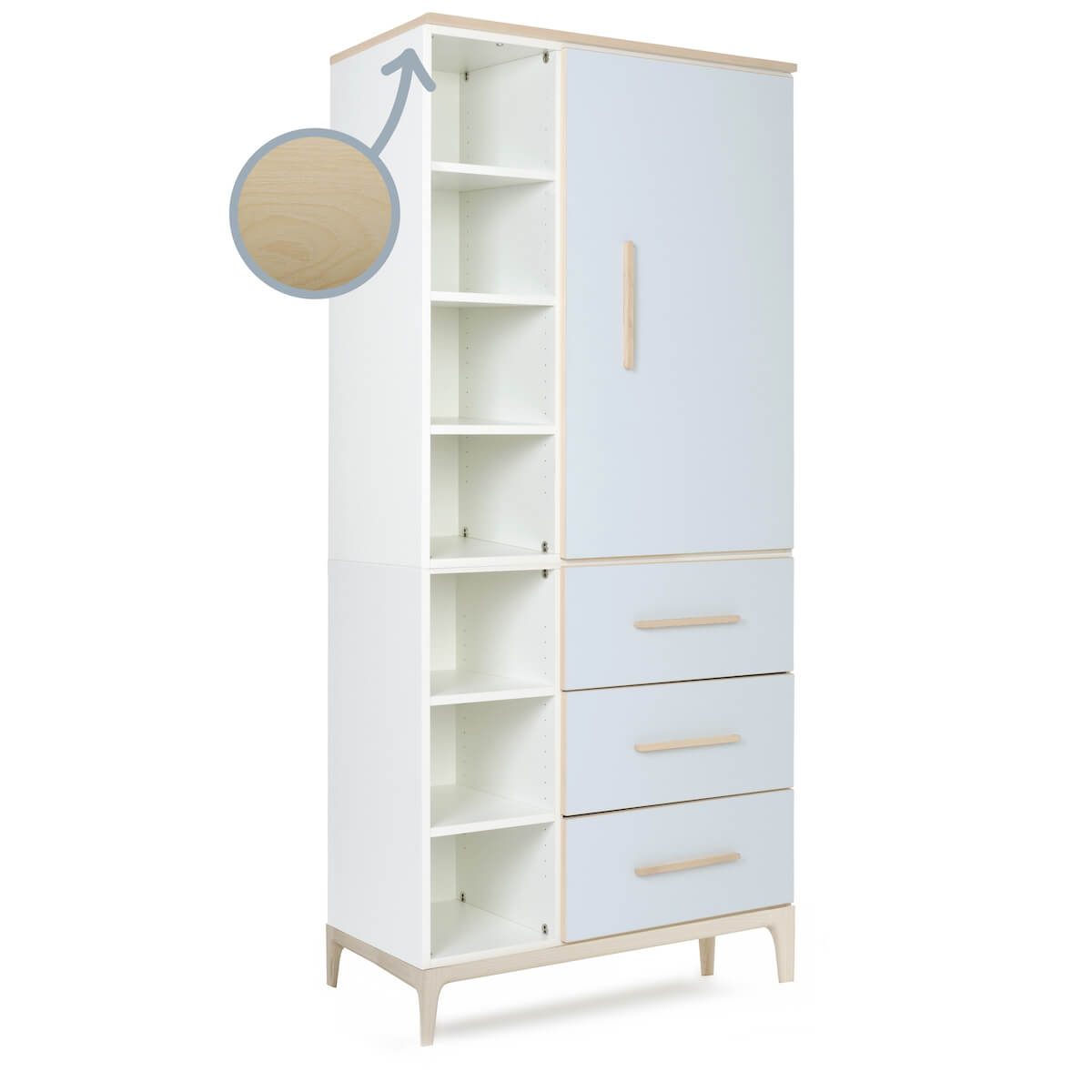 Armario 198 cm 1 puerta 3 cajones NADO Curve acabado fresno sky blue