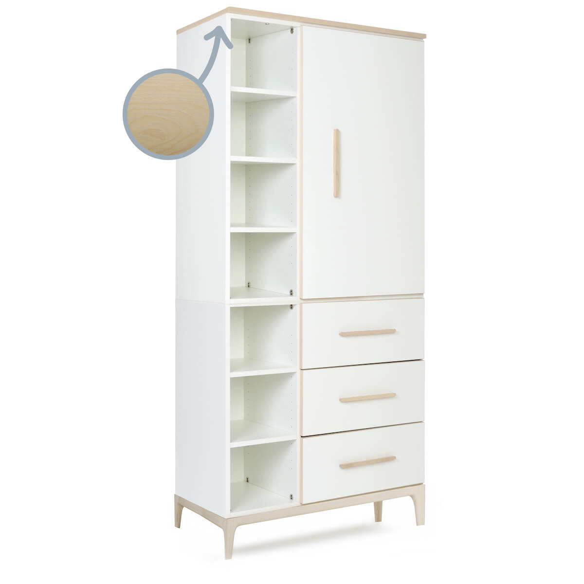 Armario 198 cm 1 puerta 3 cajones NADO Curve acabado fresno white