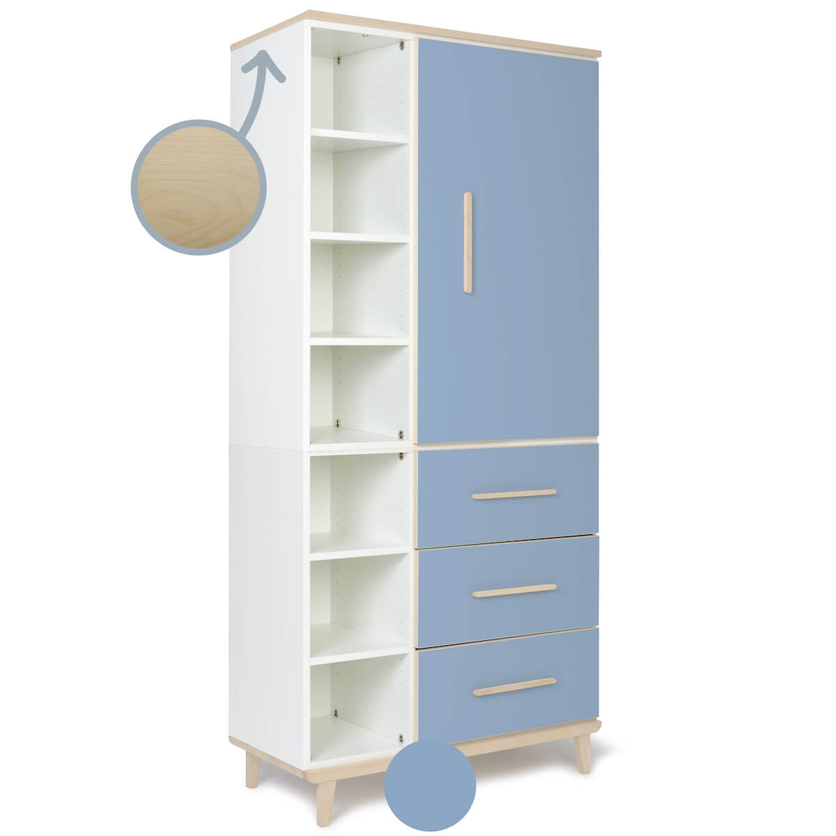 Armario 198 cm 1 puerta 3 cajones NADO Retro acabado fresno capri blue