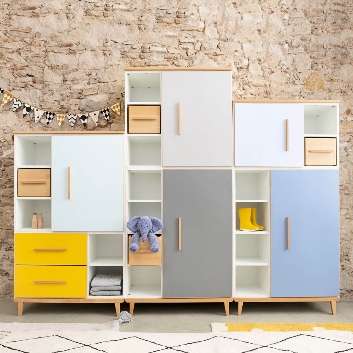 Armario 198 cm 1 puerta 3 cajones NADO Retro acabado haya sunshine yellow