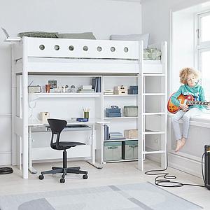 Cama alta 90x200 WHITE Flexa escalera recta barrera y patas blancas
