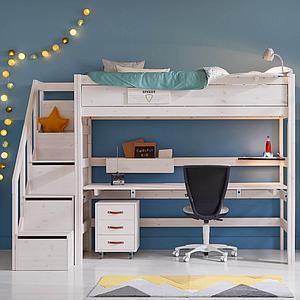 Cama alta 90x200cm escalera cajones Lifetime blanqueado 