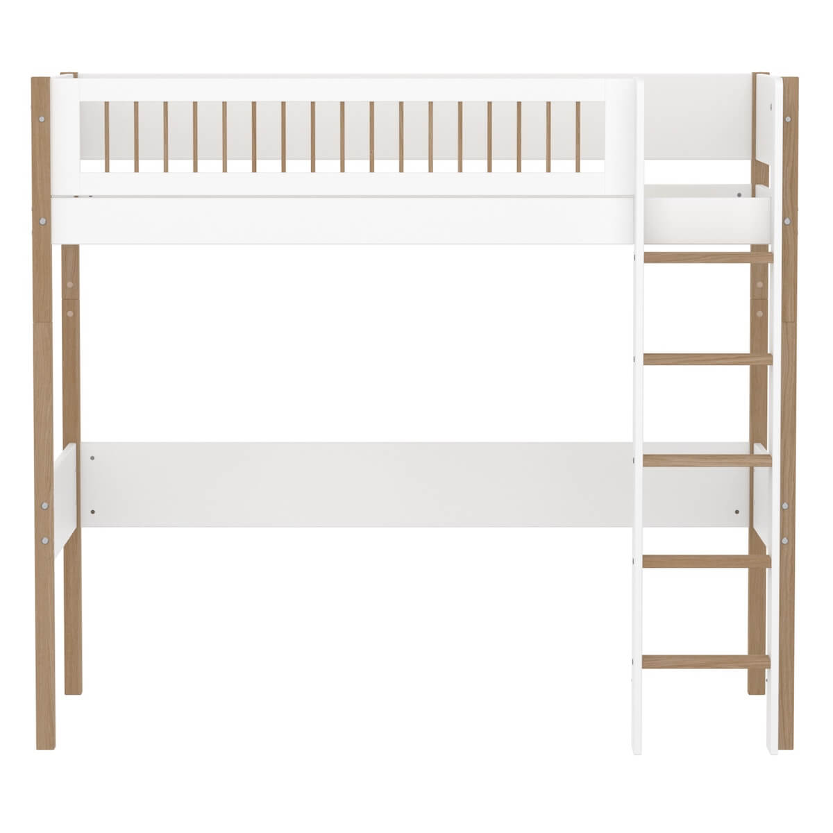 Cama alta 90x200cm escalera recta-barrera barras NOR Flexa blanco-roble