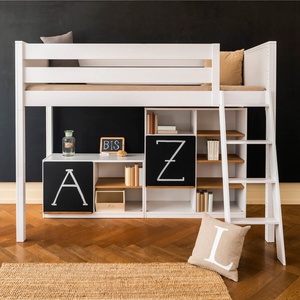 Cama alta 90x200x165cm escalera inclinada KASVA haya lacado blanco