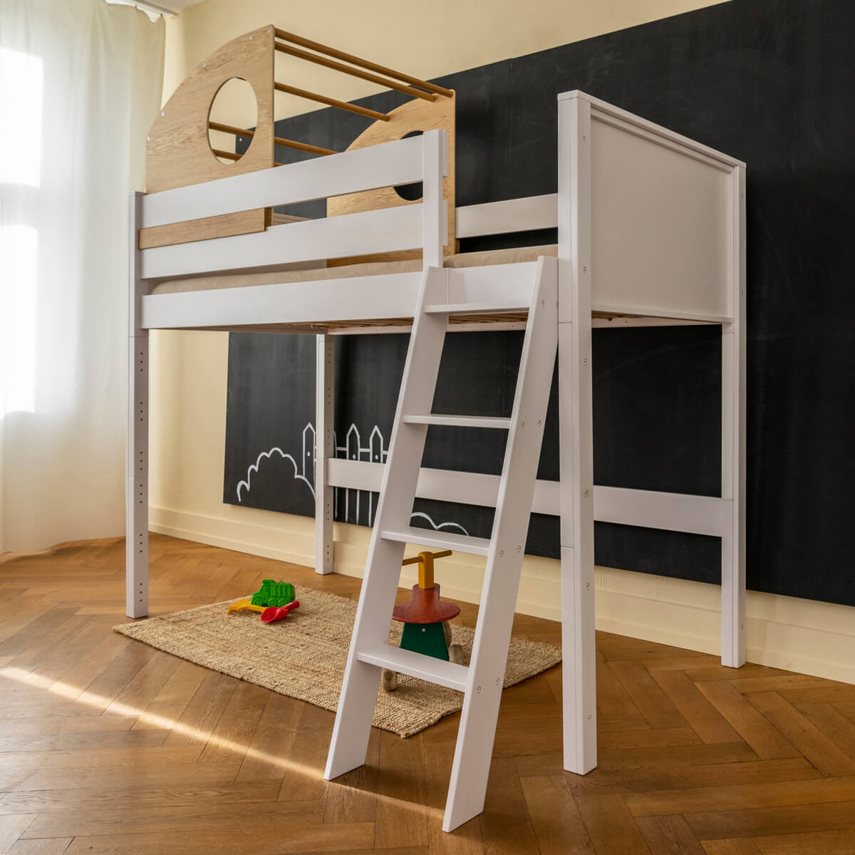 Cama alta-cabaña juegos KASVA haya lacado blanco-contrachapado roble