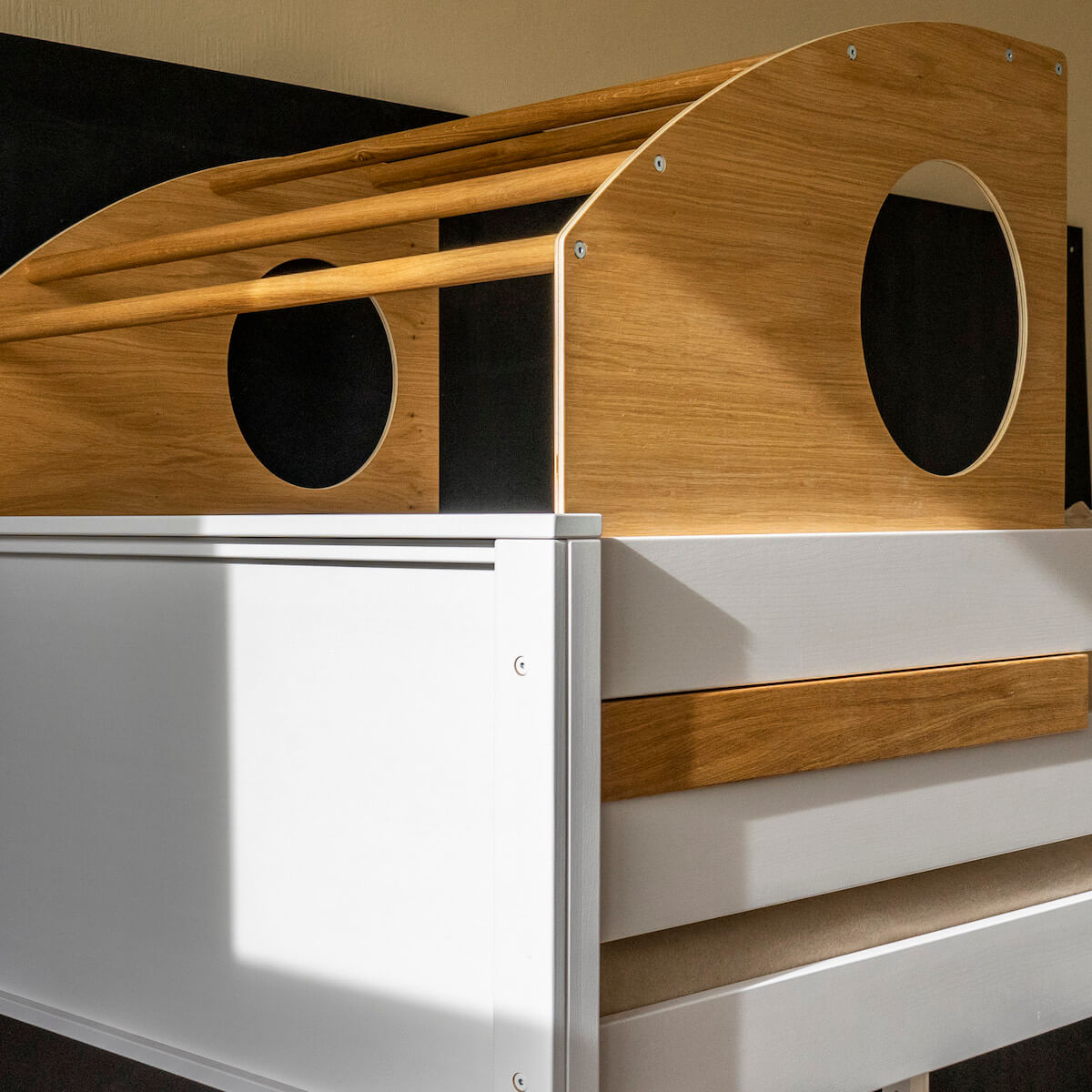 Cama alta-cabaña juegos KASVA haya lacado blanco-contrachapado roble