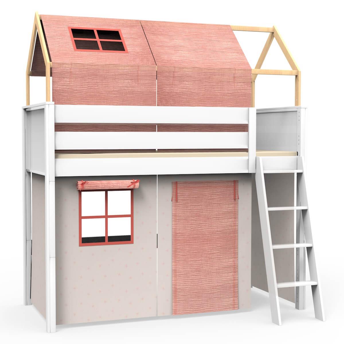 Cama alta-estructura techo KASVA con textiles Bobble rosa | Abitare Kids