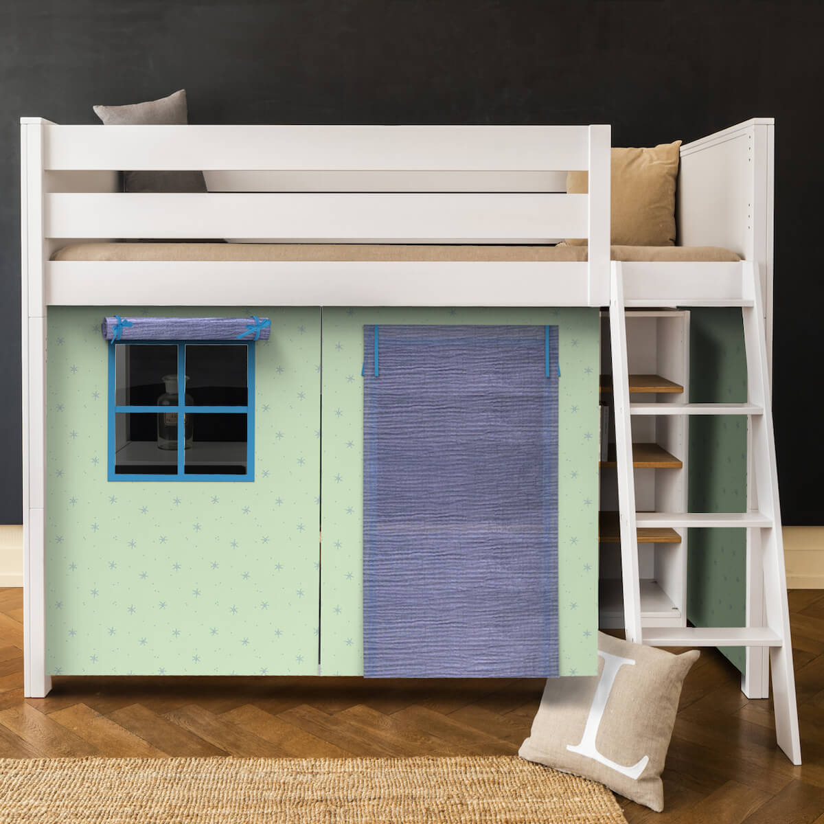 Cama alta KASVA textil Bobble verde-azul