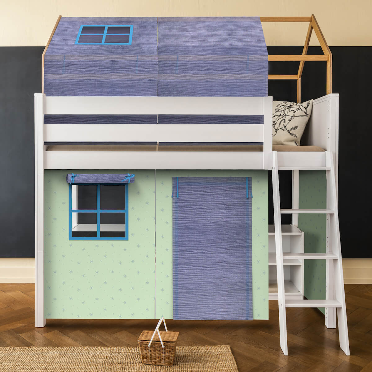 Cama alta-techo casa KASVA textil Bobble verde-azul