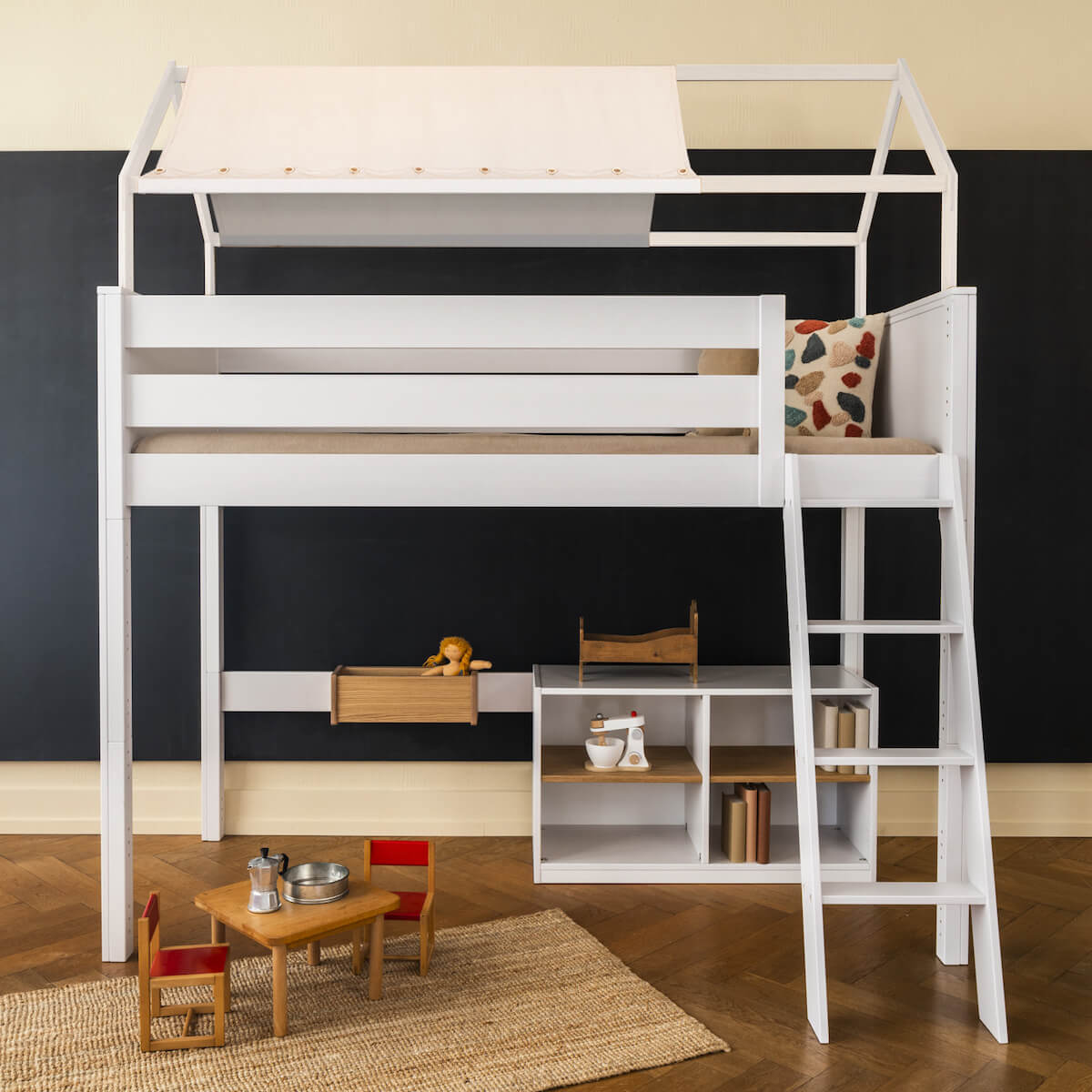 Cama alta-techo casa-textil KASVA haya lacado blanco