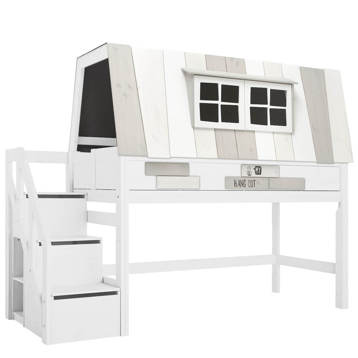 Cama cabaña media-alta HANGOUT  escalera cajones Lifetime blanco