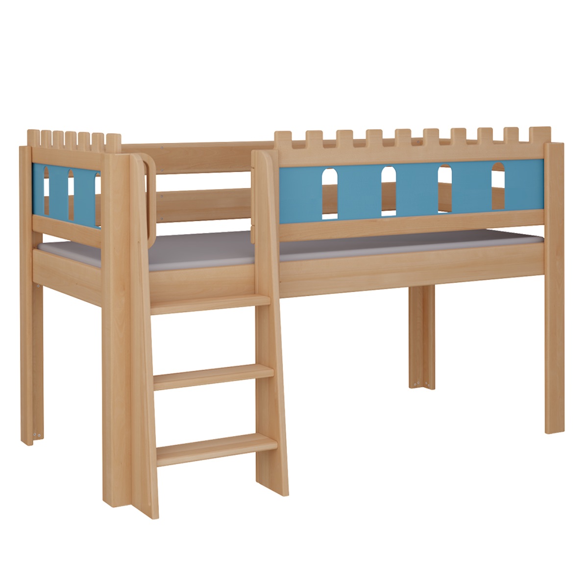 Cama Castillo media alta escalera DELUXE de Breuyn natural-azul