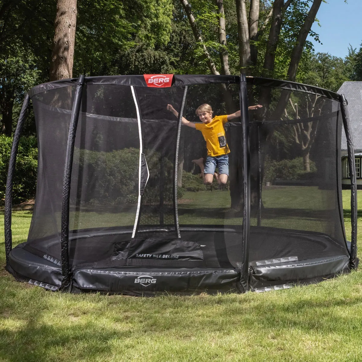 Cama elástica InGround 380cm CHAMPION+red seguridad Deluxe Berg gris