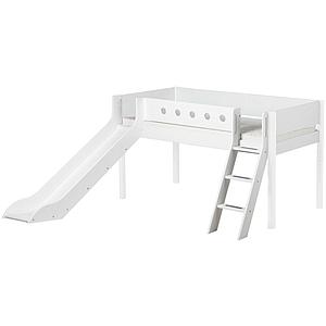 Cama media alta 90x200 WHITE Flexa escalera inclinada tobogán barrera y patas blancas