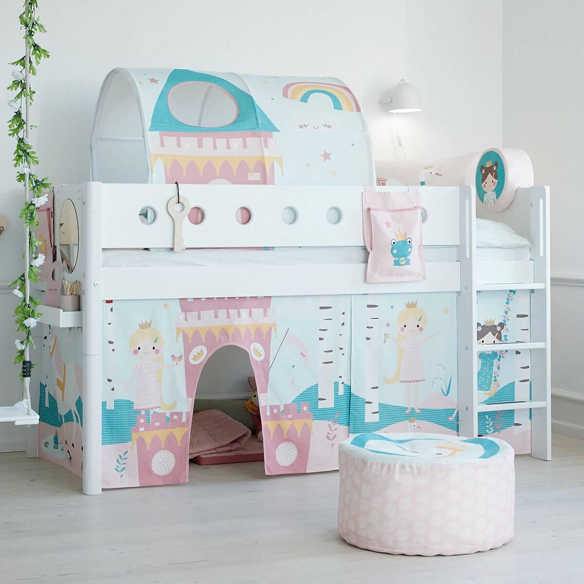 Cama media alta 90x200 WHITE Flexa escalera recta barrera y patas blancas