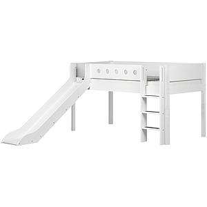 Cama media alta 90x200 WHITE Flexa escalera recta tobogán barrera y patas blancas