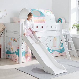 Cama media alta 90x200 WHITE Flexa escalera recta tobogán barrera y patas blancas