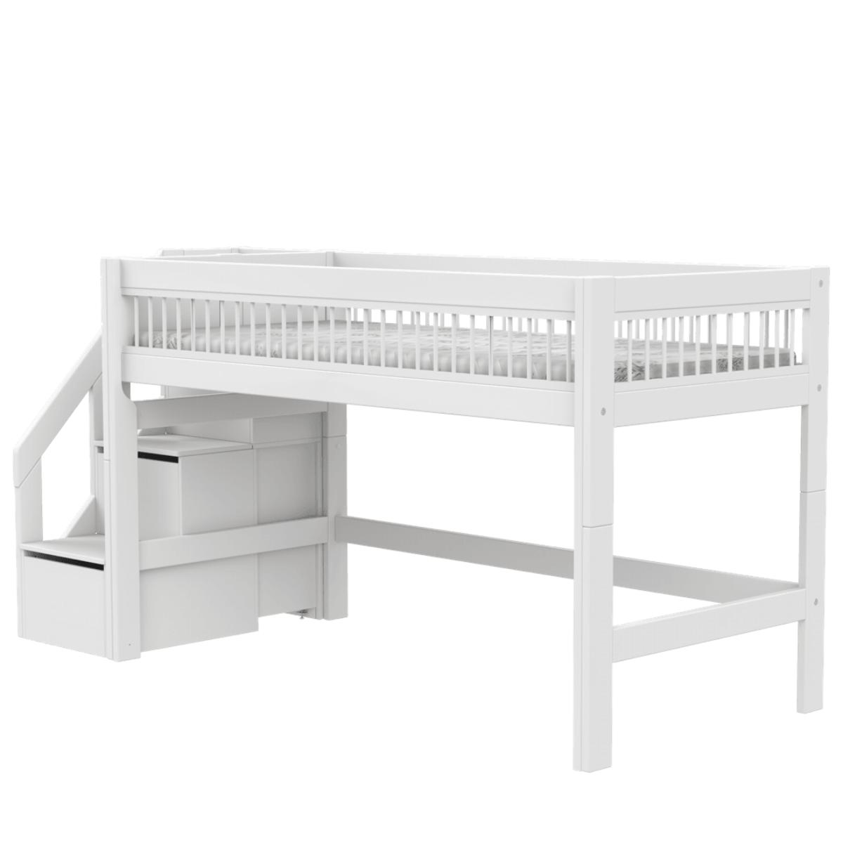 Cama media alta 90x200cm escalera cajones BREEZE Somier Deluxe Lifetime blanco