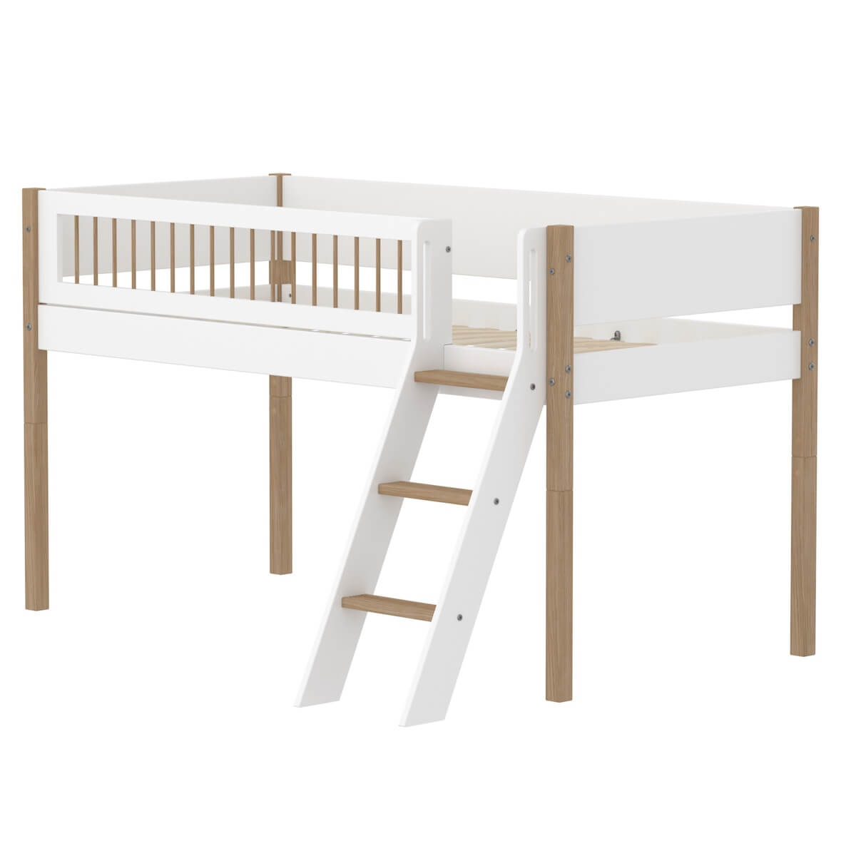 Cama media alta 90x200cm escalera inclinada-barrera barras NOR Flexa blanco-roble
