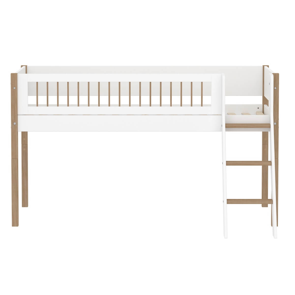 Cama media alta 90x200cm escalera inclinada-barrera barras NOR Flexa blanco-roble