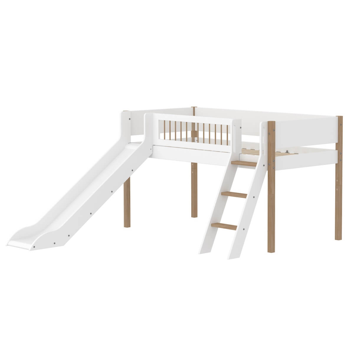 Cama media alta 90x200cm escalera inclinada-tobogán-barrera barras NOR Flexa blanco-roble
