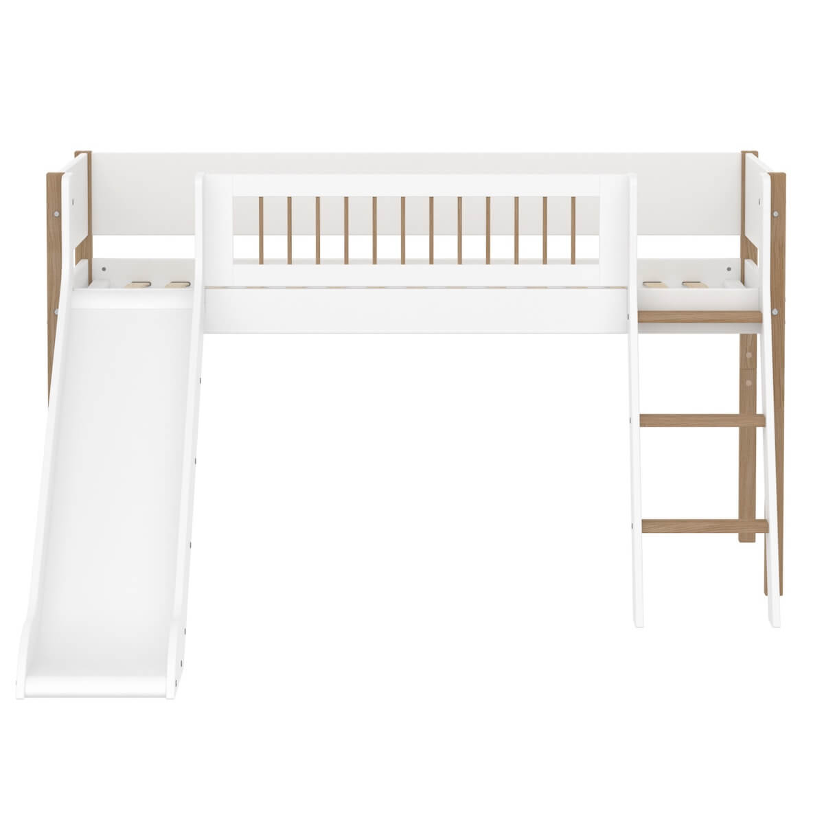 Cama media alta 90x200cm escalera inclinada-tobogán-barrera barras NOR Flexa blanco-roble