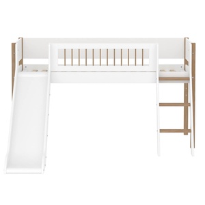 Cama media alta 90x200cm escalera inclinada-tobogán-barrera barras NOR Flexa blanco-roble