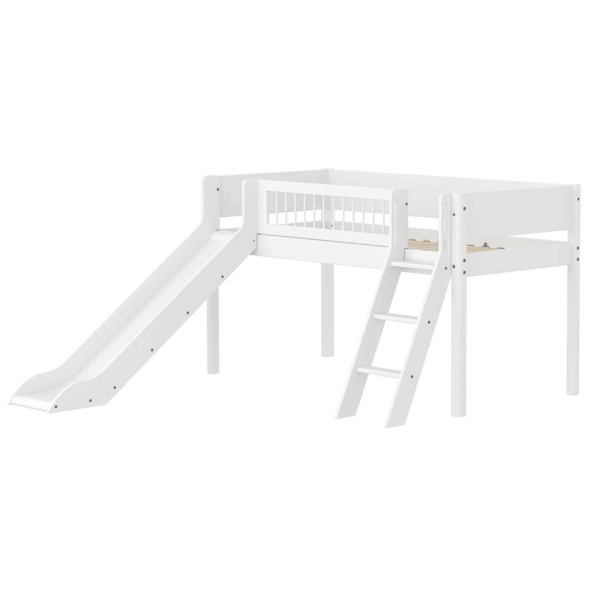 Cama media alta 90x200cm escalera inclinada-tobogán-barrera barras WHITE Flexa
