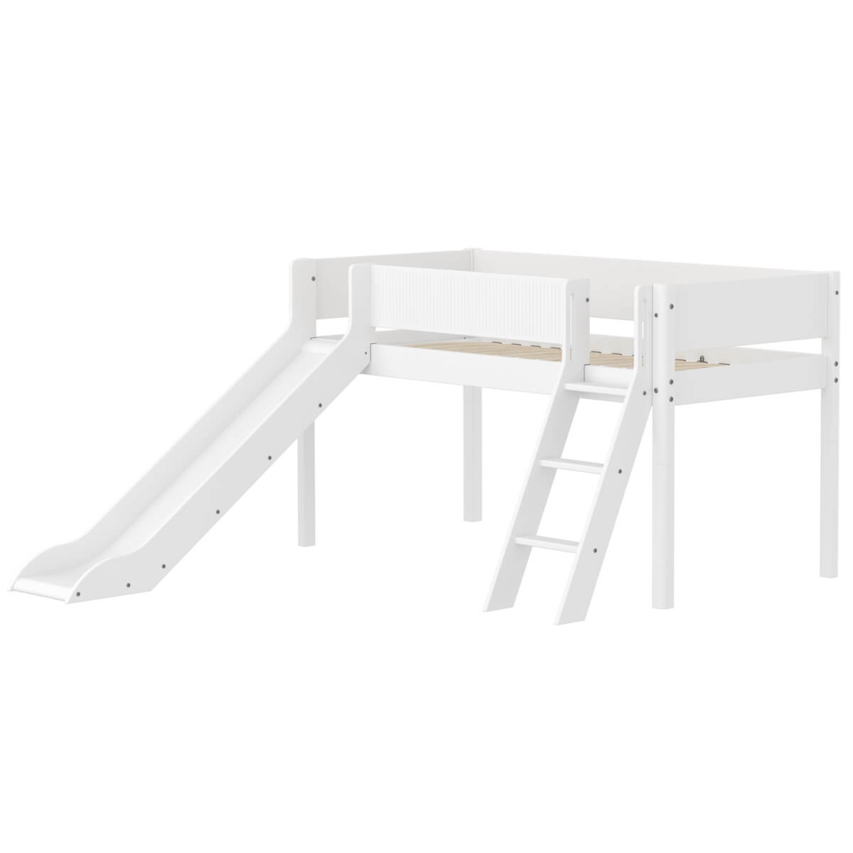 Cama media alta 90x200cm escalera inclinada-tobogán-barrera ranuras WHITE Flexa