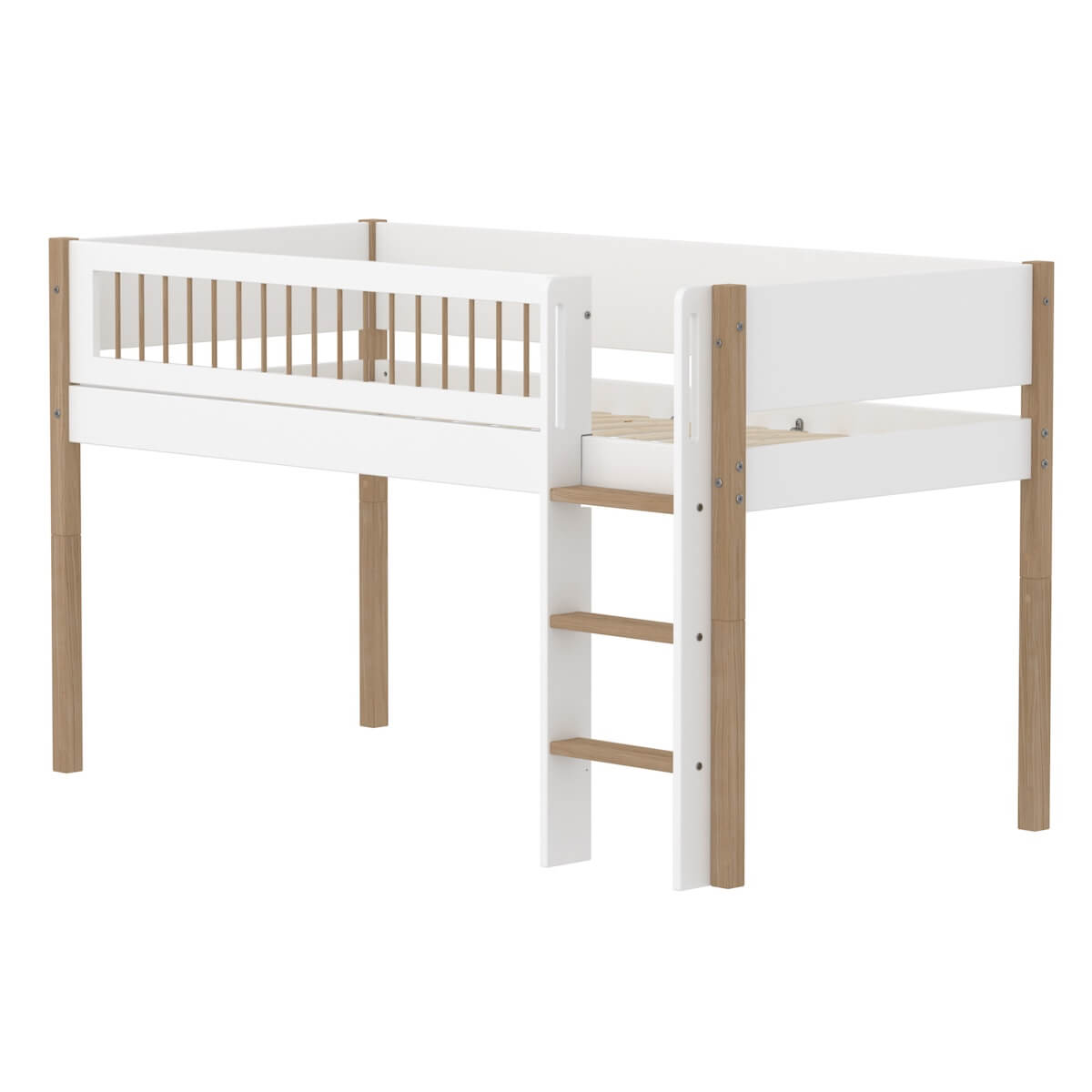 Cama media alta 90x200cm escalera recta-barrera barras NOR Flexa blanco-roble