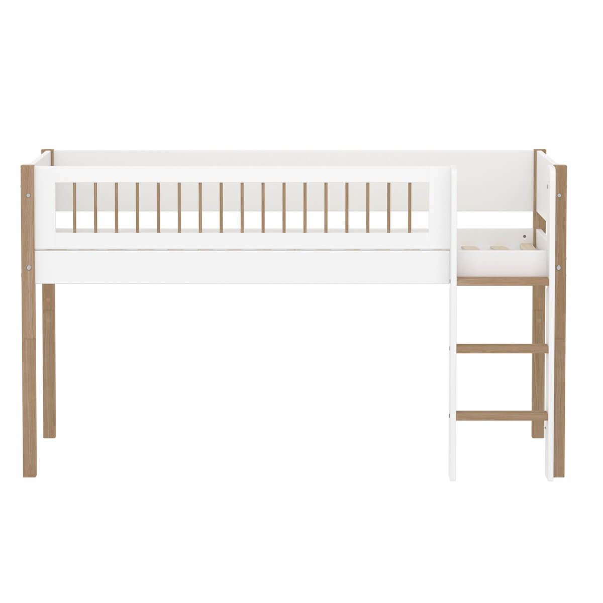 Cama media alta 90x200cm escalera recta-barrera barras NOR Flexa blanco-roble