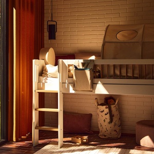 Cama media alta 90x200cm escalera recta-barrera barras NOR Flexa blanco-roble