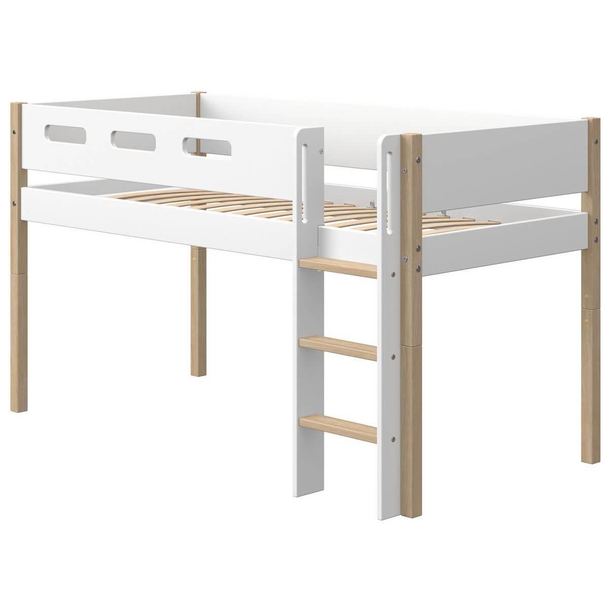 Cama media alta 90x200cm escalera recta NOR Flexa roble-blanco