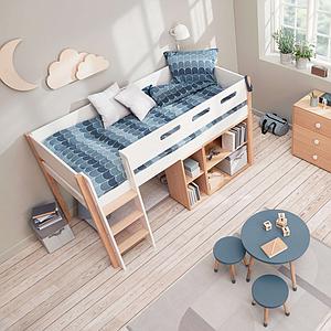Cama media alta 90x200cm escalera recta NOR Flexa roble-blanco