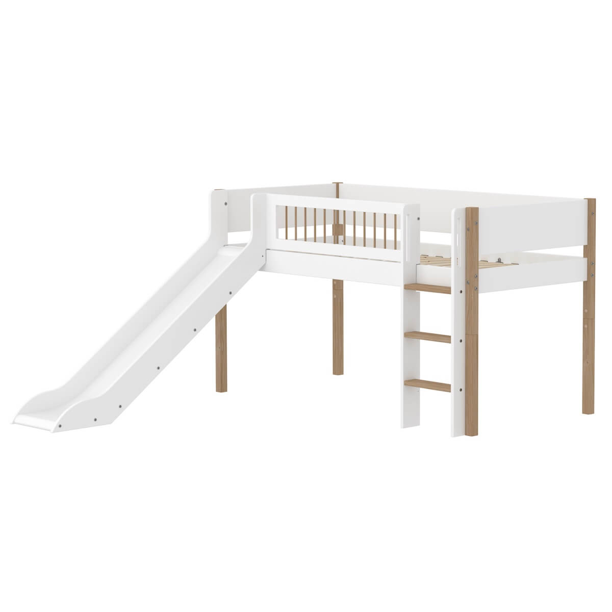 Cama media alta 90x200cm escalera recta-tobogán-barrera barras NOR Flexa blanco-roble