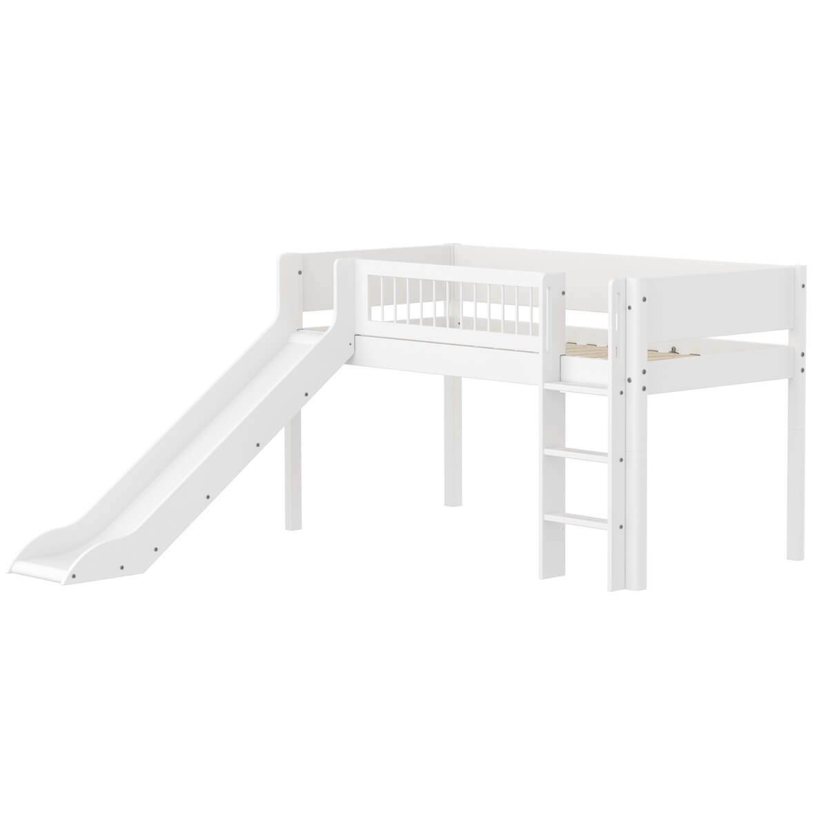 Cama media alta 90x200cm escalera recta-tobogán-barrera barras WHITE Flexa