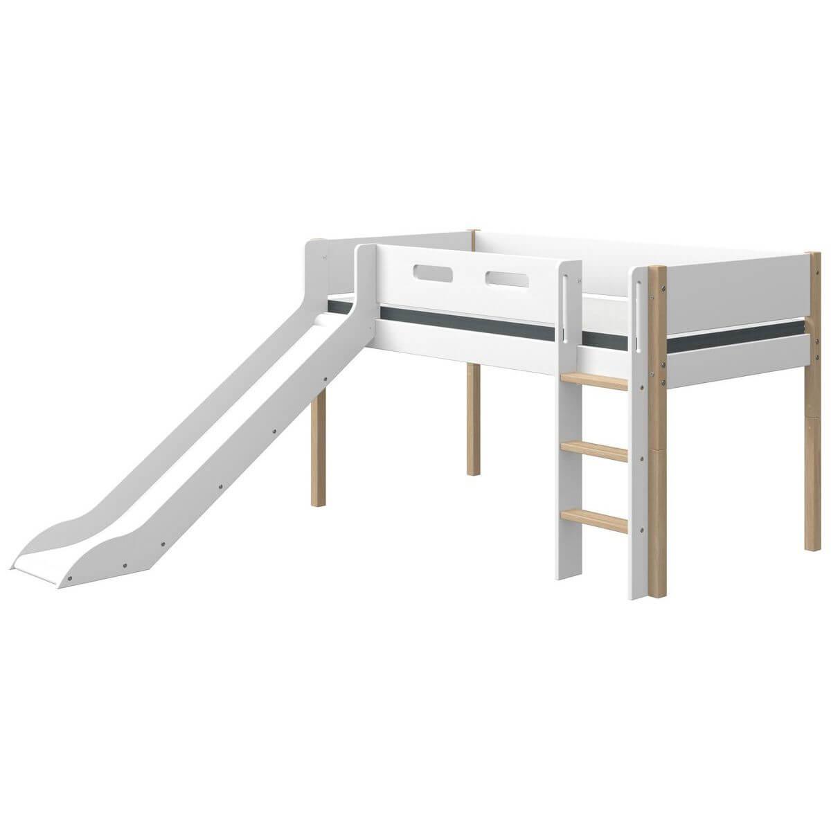 Cama media alta 90x200cm escalera recta-tobogán NOR Flexa roble-blanco