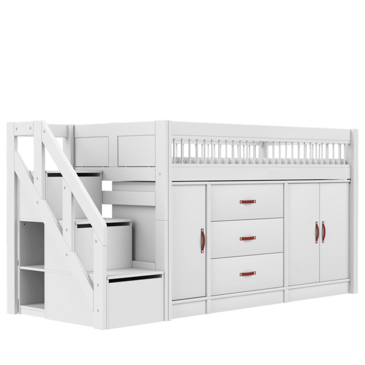Cama media alta All-in-One 90x200cm escalera cajones BREEZE Lifetime Somier Deluxe blanco
