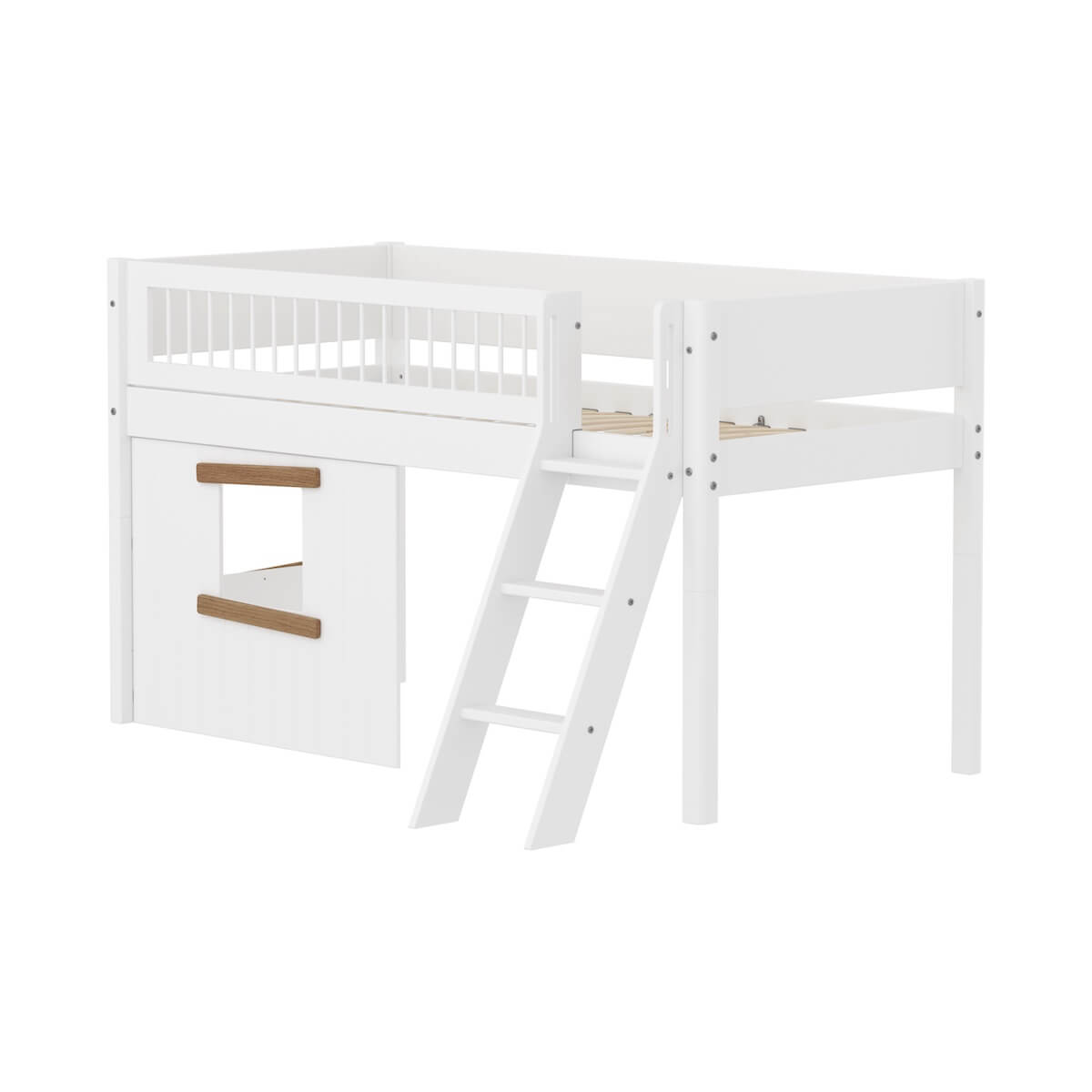 Cama media-alta casa árbol 90x200cm escalera inclinada-barrera barras WHITE Flexa roble ventana